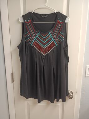 BloomChic Black Sleeveless Tank with Teal & Red Embroidery